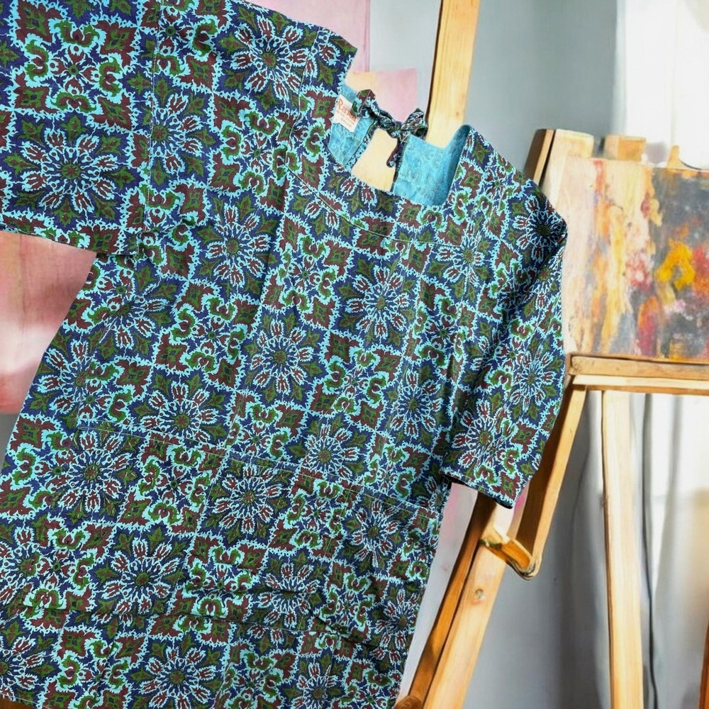 Vintage Rama Art Smock Shirt Women L Turquoise Mandala Cotton Tie Back Apron Top